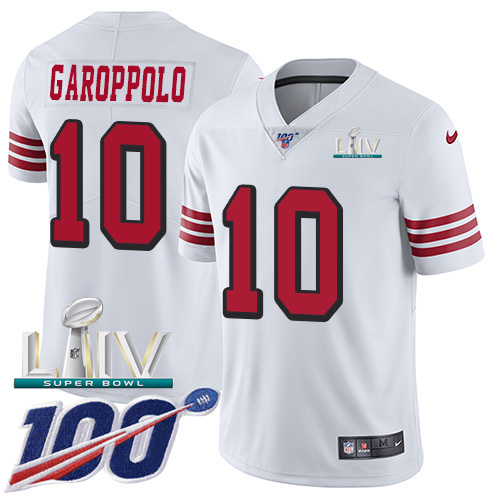 San Francisco 49ers Nike #10 Jimmy Garoppolo White Super Bowl LIV 2020 Rush Men Stitched NFL Limited 100th Season Jersey